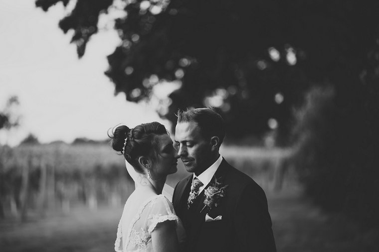 Bride and groom hugging