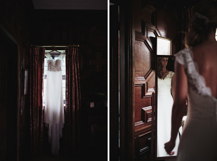 Wedding dress hanging in window