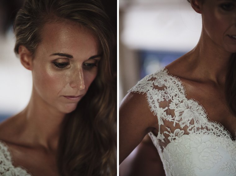 Close up of bride in her wedding dress getting ready for her wedding at Squerryes Court