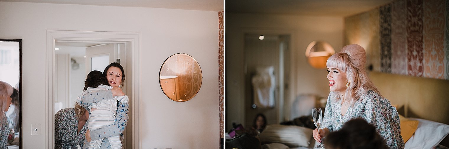 Bridesmaids getting ready at the george hotel in Rye before the wedding ceremony