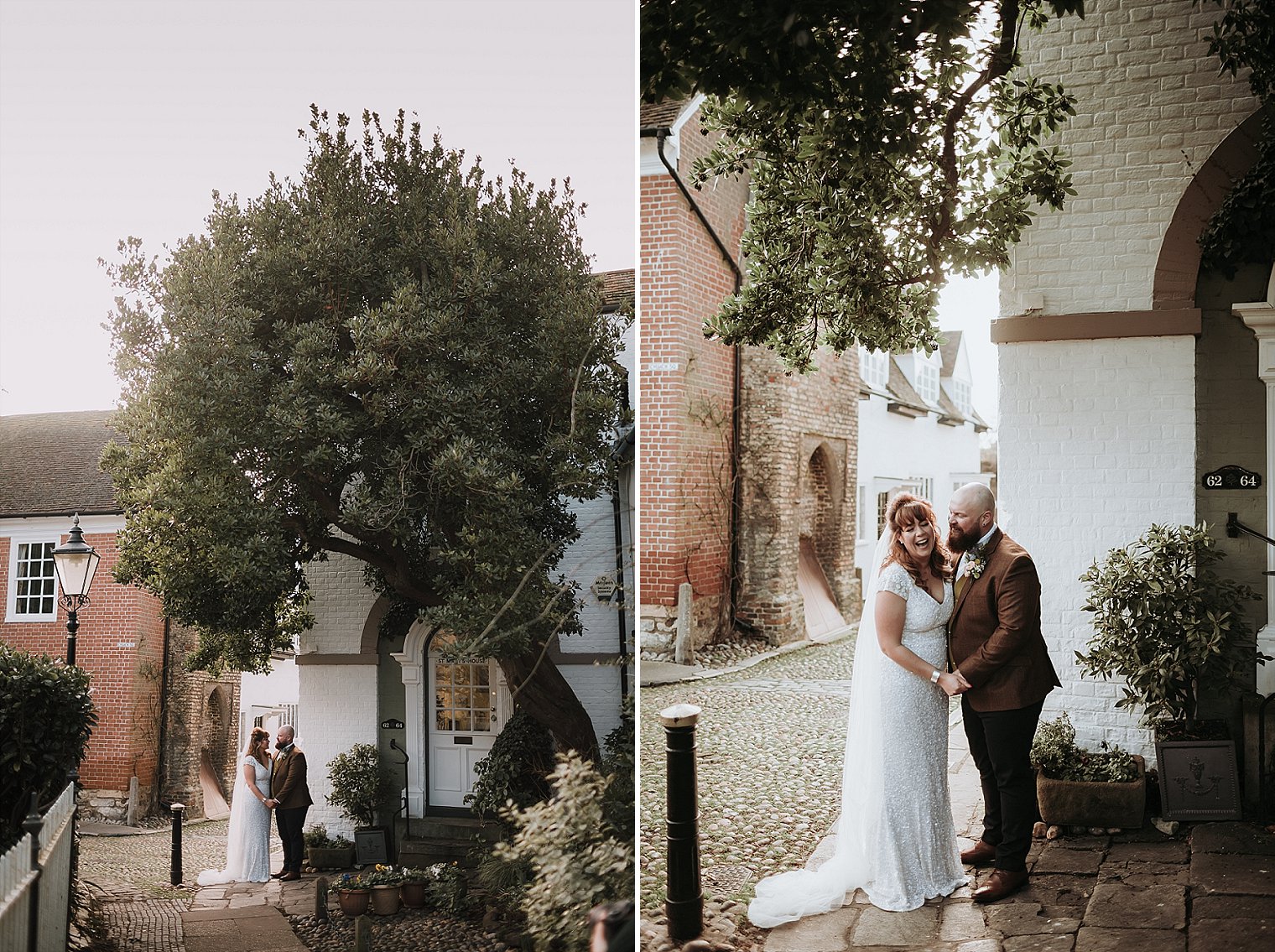 Bride and groom laughing together