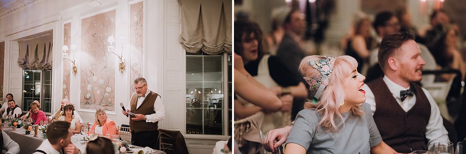 Wedding guest laughing during father of the brides speech