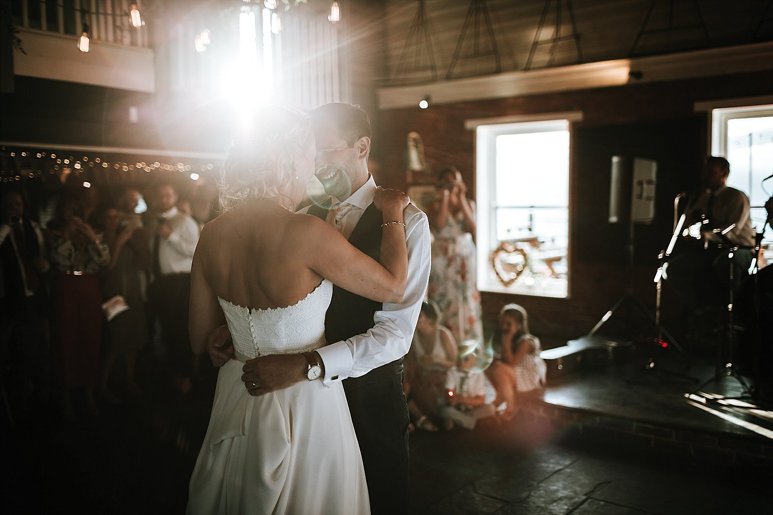 Bride and Groom having first wedding dance at The East Quay Wedding Venue