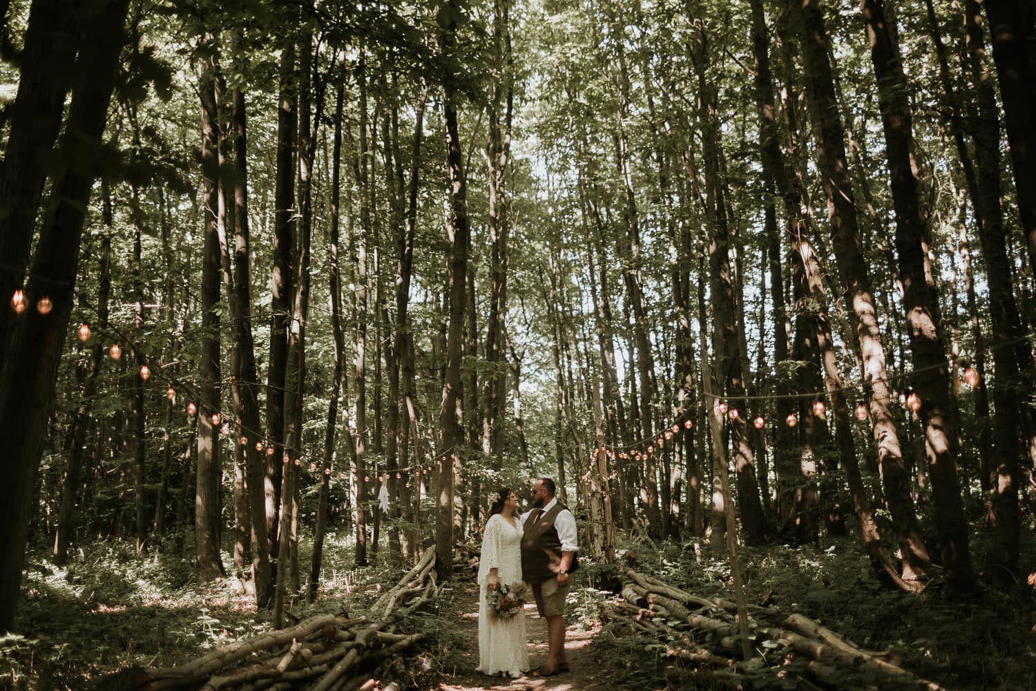 Bride and Groom posing for a portrait in woodland