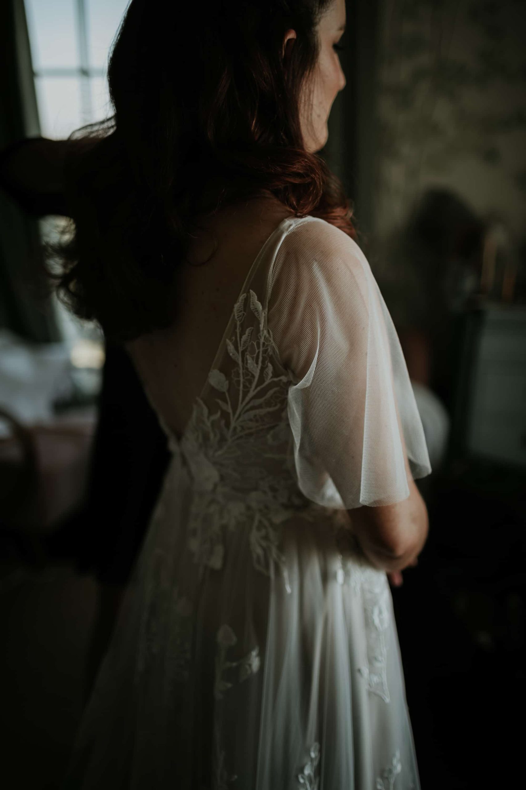 Close up of brides wedding dress